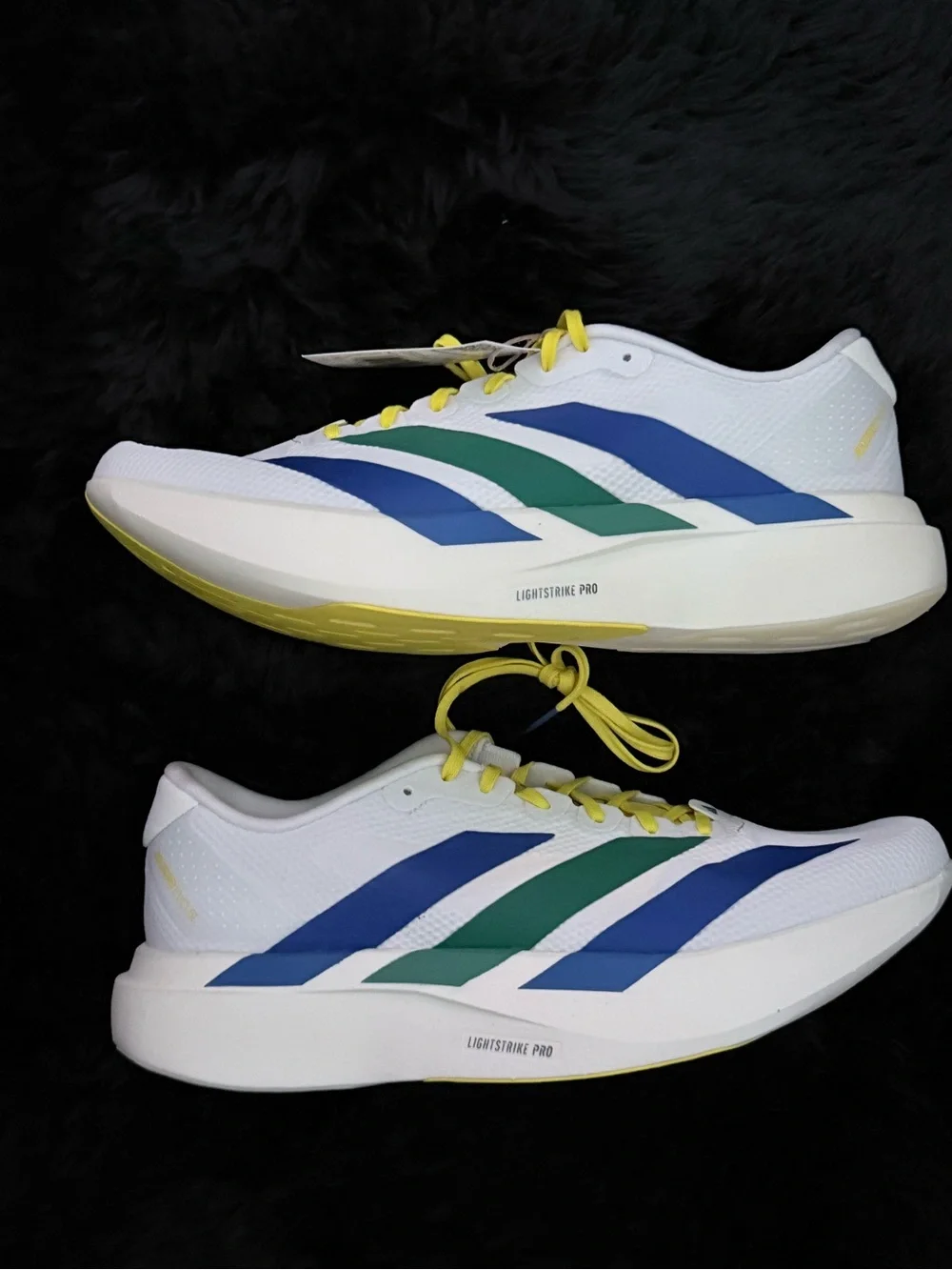 adidas Adizero Men’s White Running Shoes with Blue, Green & Yellow Accents